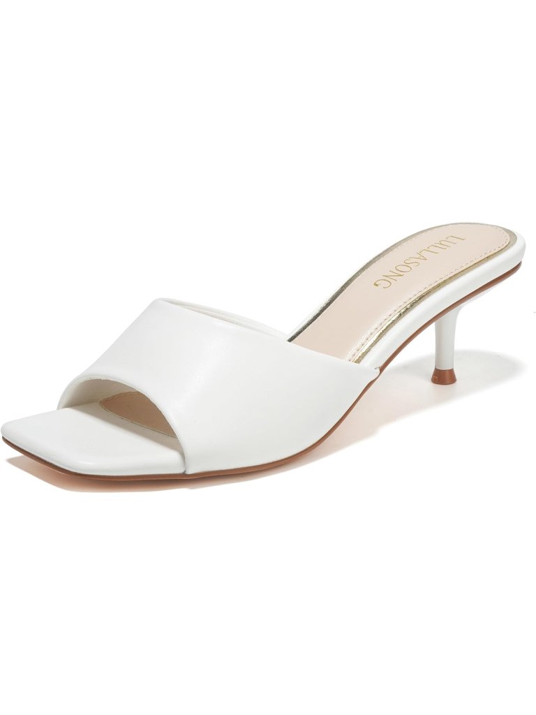 Women's White Faux Leather Square Open Toe Low Heel Slip On 2 Inch Heeled Sandal